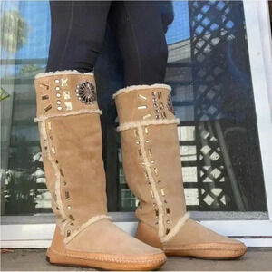 [US 7] TORY BURCH Suede Whipstitch Trim Mid Calf  Boots